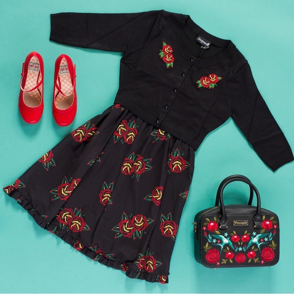 Sourpuss Sweaters - Sourpuss Tattoo Roses 3/4 Sleeve Pointelle Cardiga